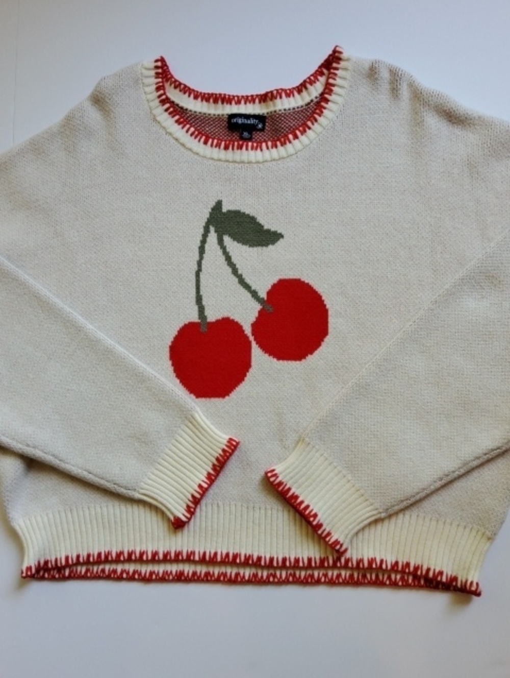 Cream Cherry-Graphic Crewneck Sweater with Red Trim - NWT - Sz XL